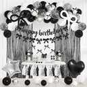 Black Bow Birthday Party Decorations, Coquette Bow Black and White Silver Confetti Long Balloons Happy Birthday Banner Fringe Curtain Tassel Pompoms for Women Girls Theme Baby Shower Party Supplies