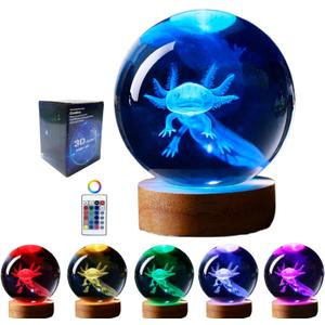 axolotl Lamp,3.15 inch 3D K9 Crystal Ball Axolotl Night Light With Wooden Base, 16 Colors Change, Remote Control, Color Box, Birthday Christmas axolotl Gift