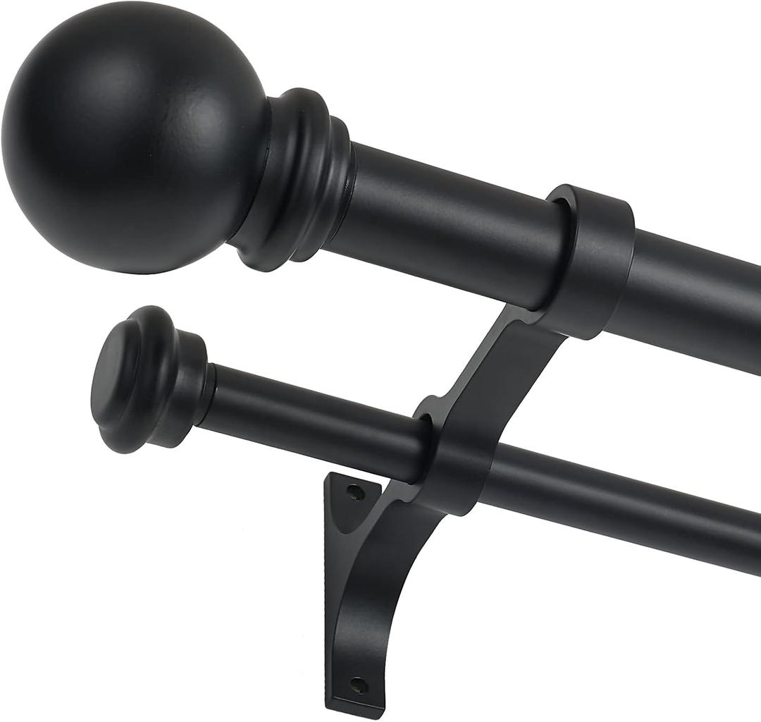 Double Curtain Rod 84 to 120 inch, Adjustable 1 inch Double Drapery Rod Rods for Windows and Doors with Ball Round Finials and Premium Aluminum Brackets Set (84-120",Matte Black)