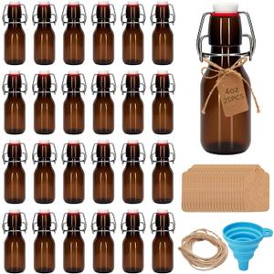 25Pcs 4 oz Amber round Mini Swing Top Glass Bottles with Stoppers Small Flip Top Bottles with Airtight Lids for Crafts Decoration Wedding Themed Party Favors (25)