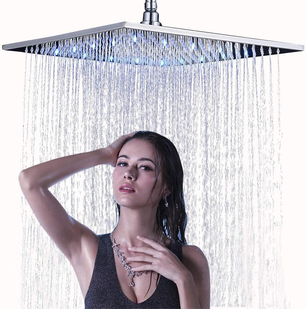 NeierThodore Polished Chrome Large 16 Inch LED Shower Head Solid Square Rainfall with Rubber Nozzles, 3 Settings