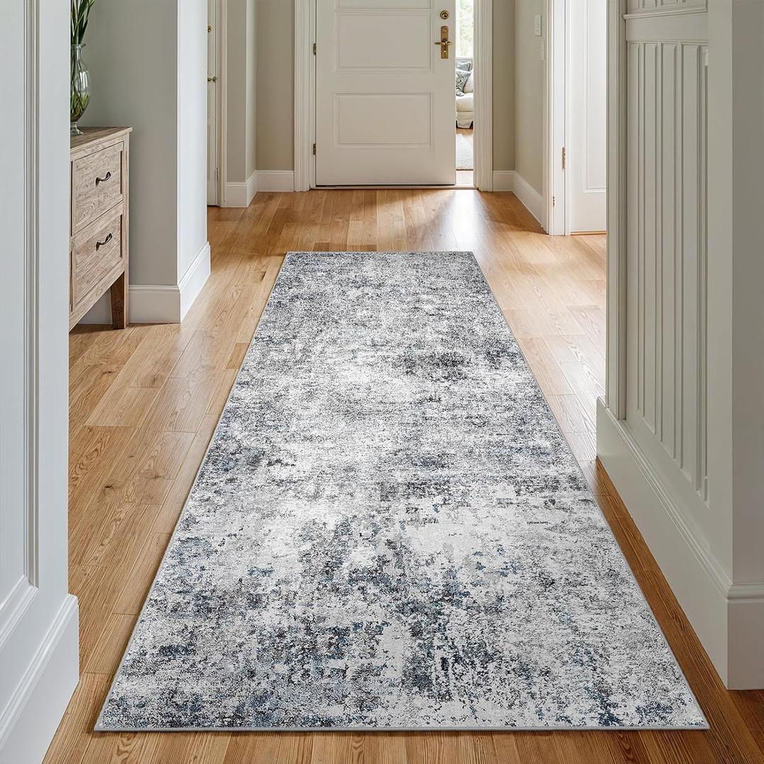 3x7 Washable Hallway Runner Rug Abstract Non-Slip Mat with Rubber Backing Indoor Modern Runner Rugs Low-Pile Soft Carpet for Kitchen, Bedroom, Entryway, Hardwood (Blue Gray, 3x7)