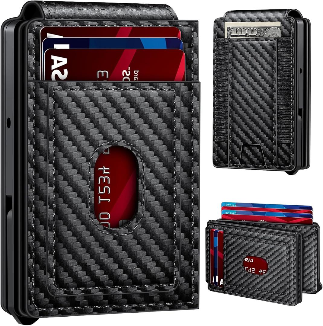 Wallet for Men | RFID Blocking Magsafe Pop Up Metal Card Holder | with 2 ID Windows and Cash Slot | Hold 12 -15 Cards | Slim Compact Bifold Smart Wallet | Magnetic Closure (Black Carbon Fiber)