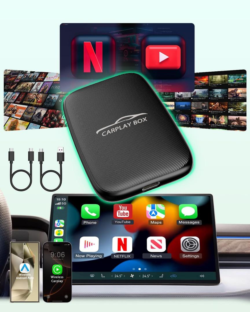 5-in-1 Wireless Carplay Adapter with Netflix YouTube TF Card, Android Auto Wireless Adapter and Apple CarPlay, Plug & Play, Easy Setup, Magic Video Ai Box for OEM Wired Apple Car Play Cars & iPhone (Brown)