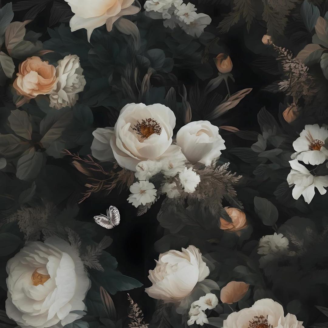 Dark Wallpaper Floral Peel and Stick 17.4" x 118" Black White Contact Paper Vintage Watercolor Self Adhesive Covering for Bedroom Cabinet Bathroom Home Decor