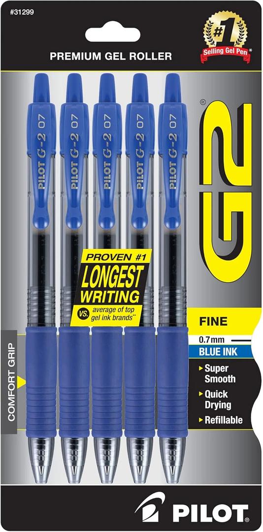Pilot G2 Premium Gel Roller Pens, Fine Point 0.7 mm, Blue Ink Pens Fine Point, Pack of 5 - Ideal for School, Journaling, and Office Writing