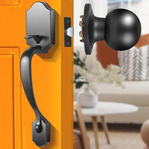 Elemake Front Door Handle - Black Front Door Handle No Lock, Interior Exterior Entry Handleset with Reversible Lever, Matte Black ORB Finish (Upgraded Large Size Adjustable)