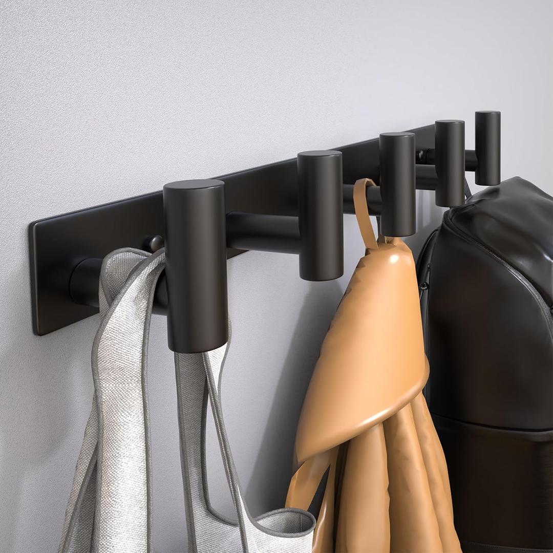 Wall Mounted Coat Rack-5 Hooks, Heavy Duty Stainless Steel Hook Rail for Towel Coat Hat Purse Bag Jacket, Towel Hooks for Entryway Bathroom Kitchen (Black 5 Hooks - 1 Pack)
