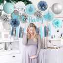 Dusty Blue Baby Shower Decorations Light Blue and White Baby Boy Shower Decorations Dusty Blue Silver Poms White Fans Lanterns with Oh Baby Banner Silver Tassel Garland for Boys