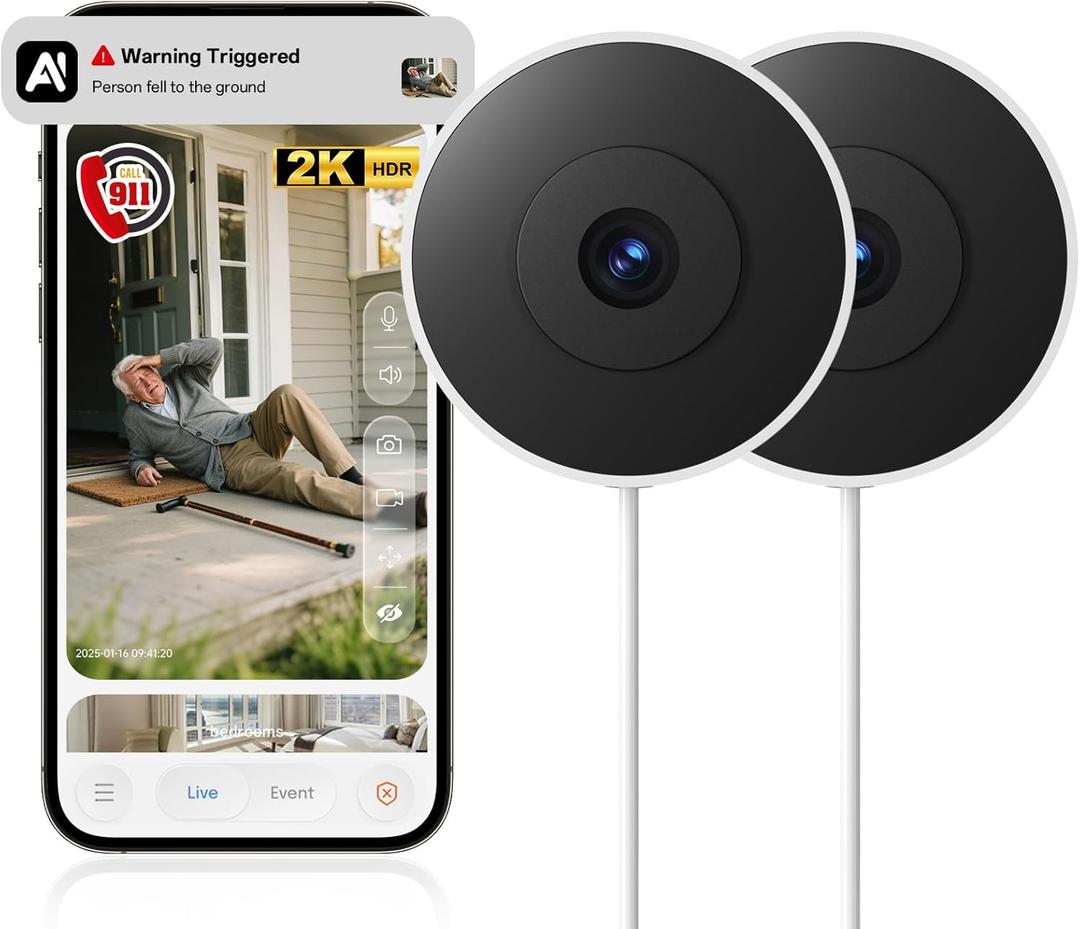 Window Camera, 2K 2.4G WIFI Indoor Cameras for Home Security with Starlight Night Vision, AI Smart Detection, 911 Emergency Dispatch,US Based Cloud,2 Way Talk,24/7 Recording,Easy & Quick Install 2Pack (White)