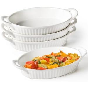 Frewinky Au Gratin Baking Dishes,9-inch Ceramic Baking Dish Set with Handles Heat Resistant,Mini Casserole-Dishes for Oven, Porcelain Oval Baking Dishes for Gratin,Casserole and Roasting, White, Pack 4