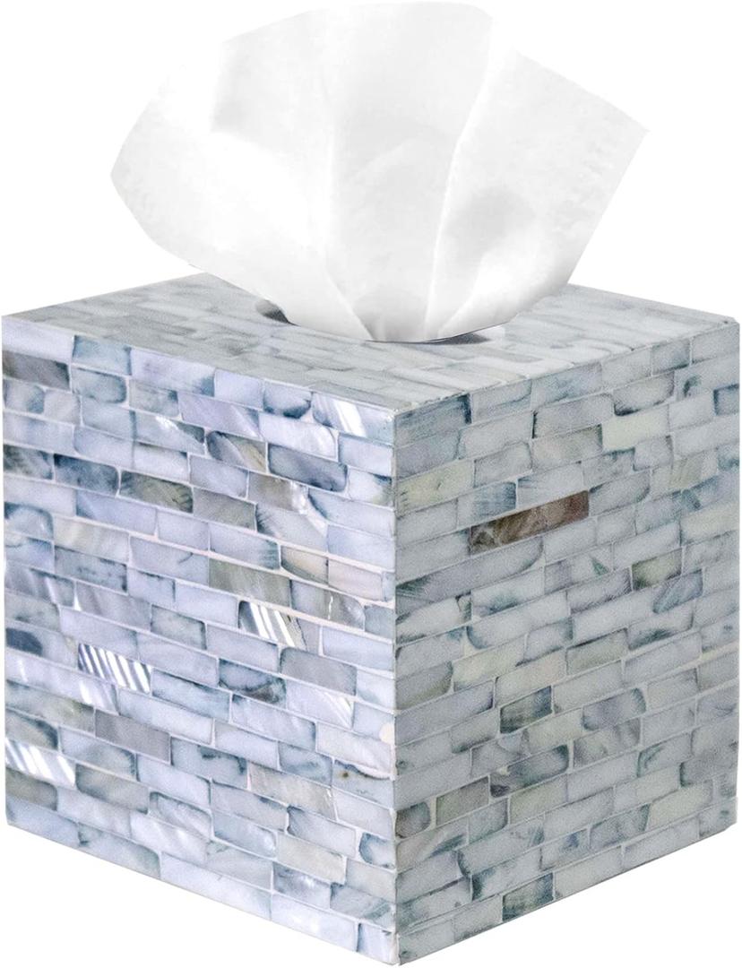 PEMAR 5.9 Cube Mother of Pearl Tissue Box Cover, Decorative Napkin Dispenser Organizer, Rustic Farmhouse Vintage Decor for Table, Kitchen, Bathroom Vanity Countertop, Office (Blue)