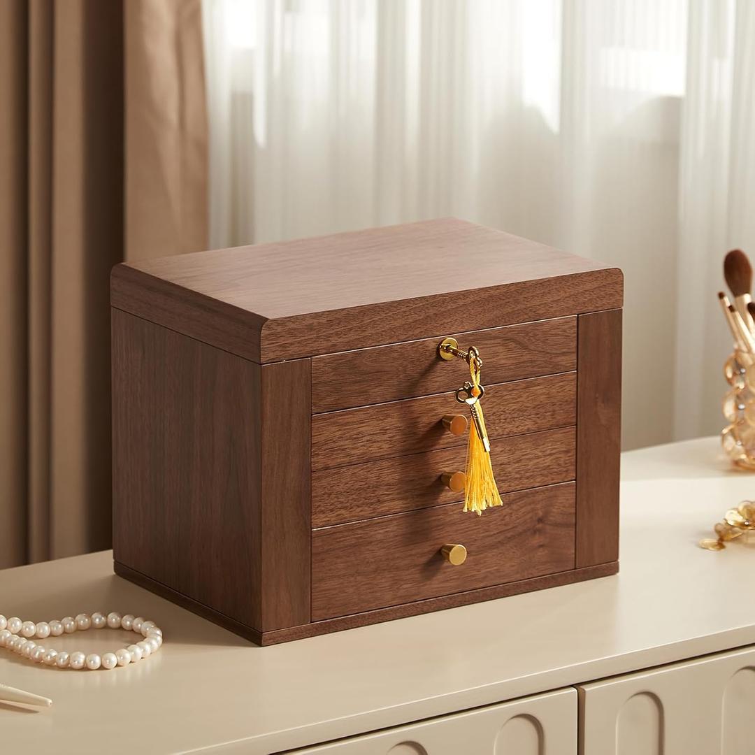 Black Walnut Wooden Jewelry Box, Wood Jewelry Organizer with 2 Side Doors Mirror Lockable Classical Style for Watch Necklace Ring Earring Storage Christmas Gifts-4 Layer