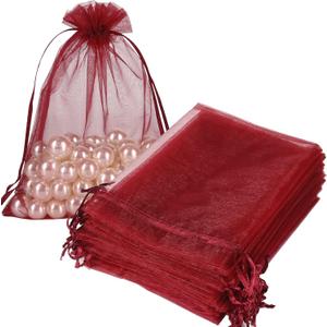 HRX Package 100pcs Organza Bags Burgundy Red, 5x7 inch Mesh Drawstring Gift Bags Jewelry Pouches for Christmas Candy Party Favor