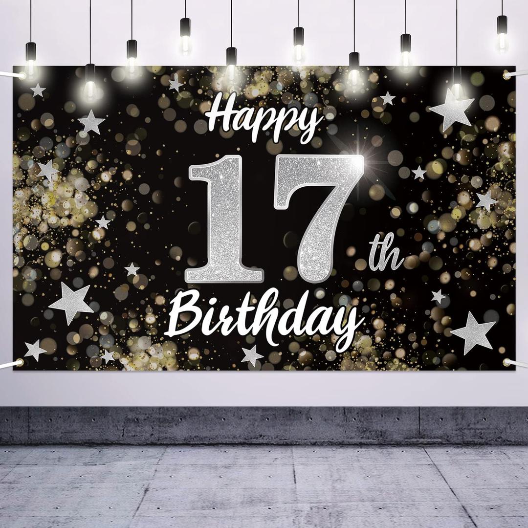 Happy 17th Birthday Decorations,17th Black & Silver Dream Star Large Birthday Banner Backdrop Sign - Cheers to Seventeen Years Old Bday Party Decoration.