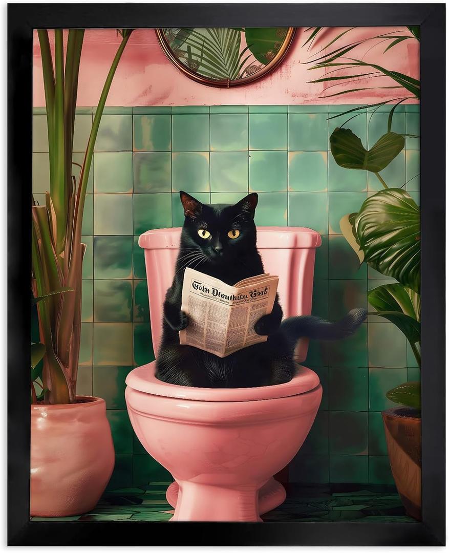 Black and White Bathroom Pictures Wall Decor, Funny Black Cat Sitting on Toliet Reading Newspaper Funny Bathroom Wall Art, Framed Animal Canvas Print Artwork for Room Decor,8''x10'',Framed
