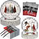 200 PCS Christmas Paper Plates Napkins Party Set Buffalo Plaid Xmas Tree Snowman Dinnerware Plate and Napkin Sets for Xmas Party Supplies Dinner Winter Decorations for 50 Guests