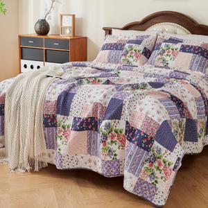 EVENHUG 100% Cotton Patchwork Quilt Queen Size Set Lightweight Floral Queen Quilts Bedding Set Bedspread Coverlet Reversible Bed Cover with Pillow Shams for All Seasons 3 Pieces (92"X96") (Queen(92"x96"), Purple)
