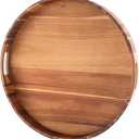 Extra Large 22INCH Premium Acacia Wood Tray Round Ottoman Tray with Handles Wooden Serving Tray Multi-Use for Dinner Breakfast in Bed Coffee Table Snack Entertaining Guests
