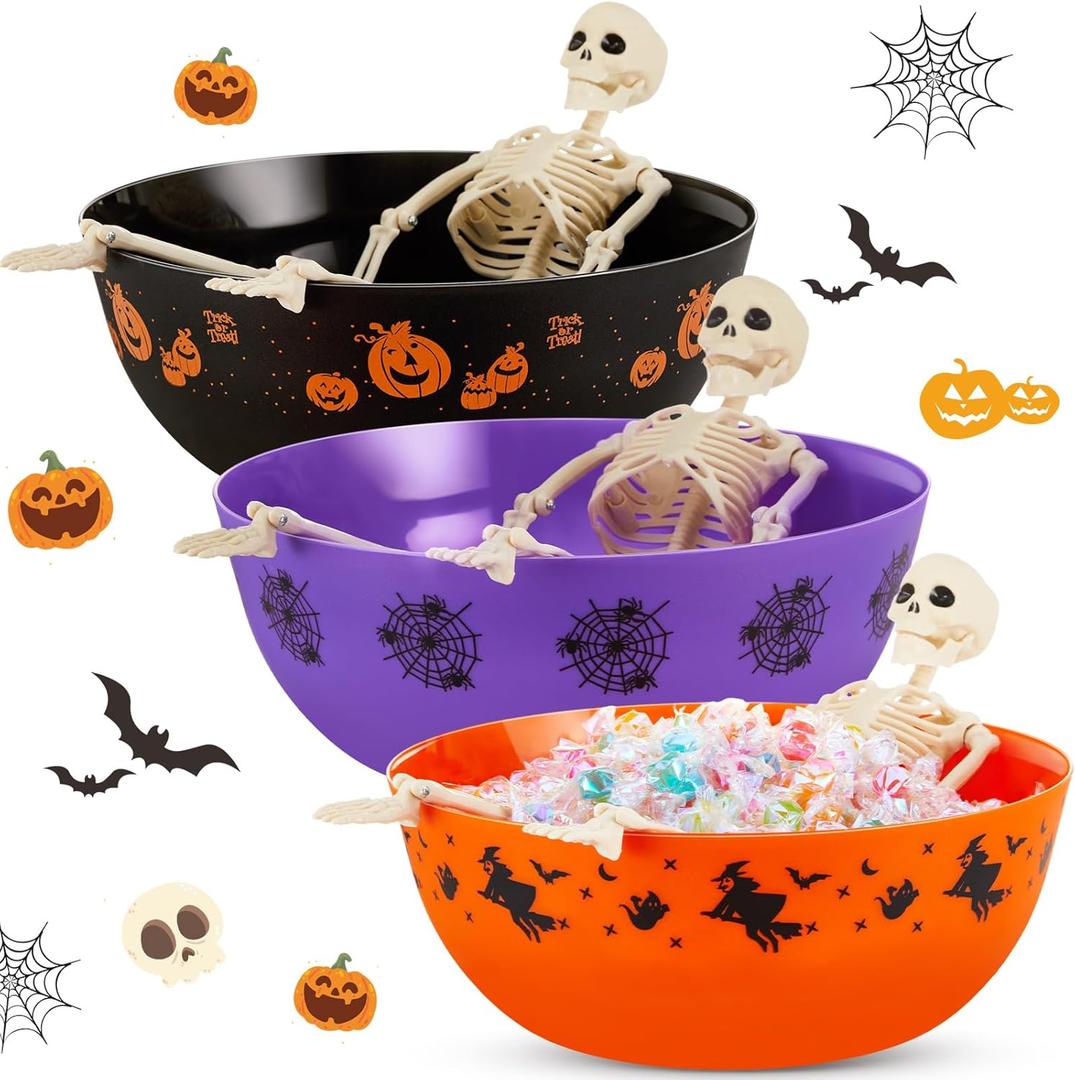 LemonRoad 3 Sets Halloween Skeletons Candy Bowls Plastic Trick or Treat Candy Bowls Large Party Plastic Serving Tableware Holders for Halloween Party Supplies and Decorations Indoors