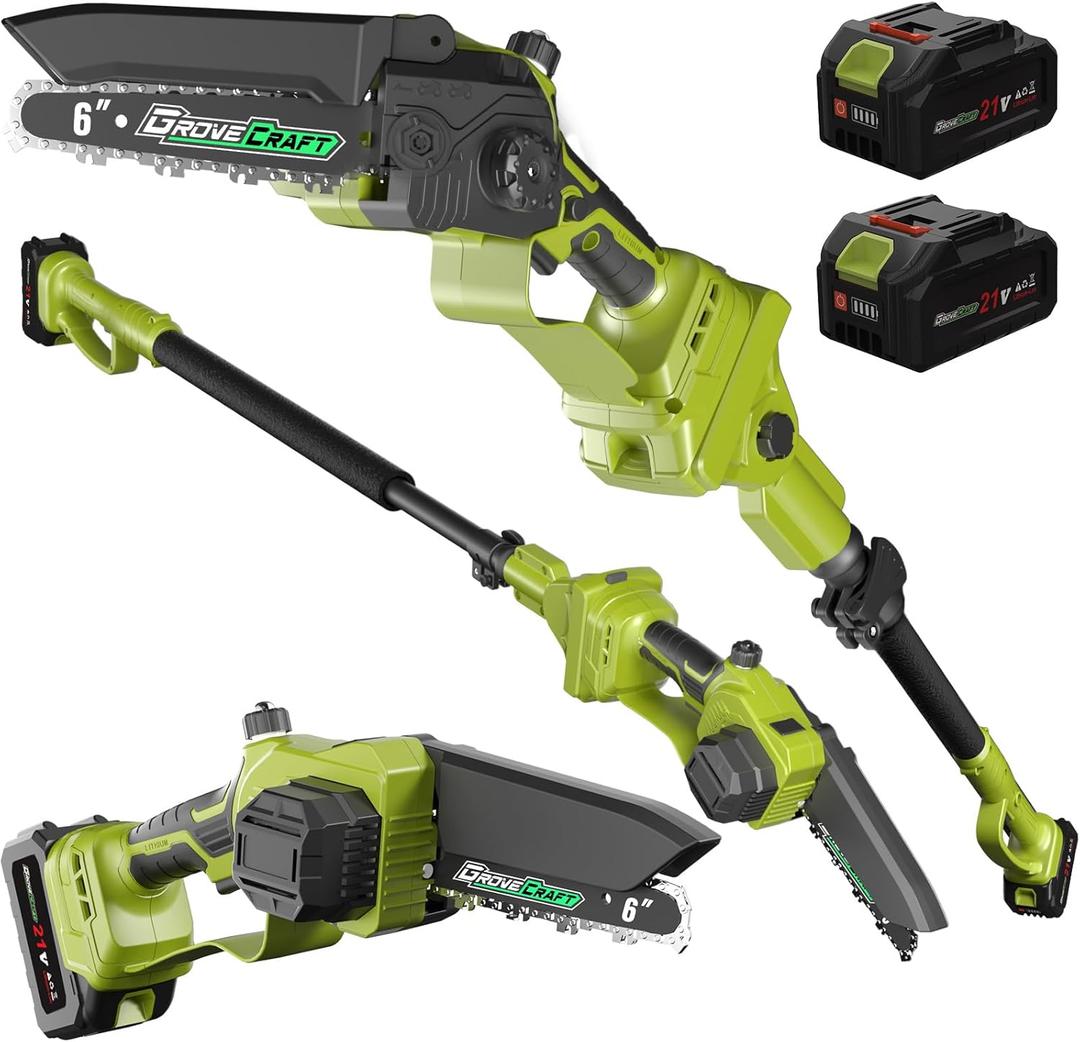 2-IN-1 Cordless Pole Saw & Mini Chainsaw, 21V 4.0Ah Battery Powered 6 Inch Electric Pole Chainsaw, 15Ft MAX Reach Pole Saw for Tree Trimming(2 * 4Ah Batteries and Fast Charger Included)
