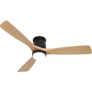 Flush Mount Ceiling Fan with Light Remote, 52inch Natural Wood Ceiling Fans, 6 Speeds Reversible DC Motor 3CCT LED Lighting, Indoor Outdoor Fan Farmhouse Bedroom Living Room