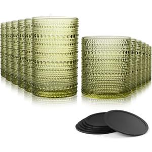 Hobnail Drinking Glasses Set of 12 Count, Vintage Glassware, Old Fashioned Glasses, 6 Highball Bubble Drinking Cups 14.5 oz, 6 Rocks Cups 10 oz with 6 Silicone Coasters, Green