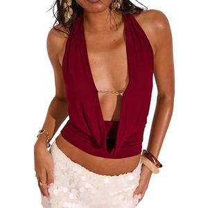 SweatyRocks Women's Y2k Sexy Halter Tops Deep V Neck Backless Low Cut Top Going Out, Small