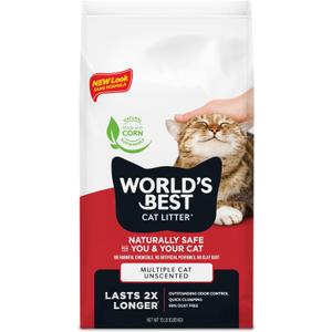 WORLD'S BEST CAT LITTER Multiple Cat Unscented, 15-Pounds - Natural Ingredients, Quick Clumping, Flushable, 99% Dust Free & Made in USA - Long-Lasting Odor Control & Easy Scooping