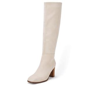Coutgo Womens Knee High Boots Chunky Block Heels Square Toe Side Zipper Faux Suede Fall Winter Comfort Boot White 8