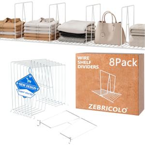 shelf dividers, create 40% more closet space, Set of 8, 12 inch wire shelf dividers, closet organizers and storage, supremely sturdy, closet shelf organizer, Will not break, closet dividers, No Tool, White