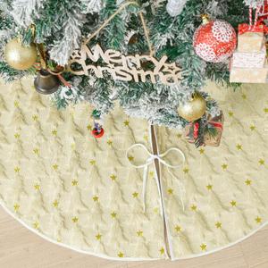 AVOIN colorlife Soft Plush Faux Fur Christmas Tree Skirt 48 Inch, Jacquard Beige Xmas Star Pine Trees Winter Holiday Mat Decoration