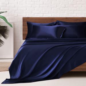 MR&HM Satin Bed Sheets, Queen Size Sheets Set, 6 Pcs Silky Bedding Set with 15 Inches Deep Pocket for Mattress(Queen, Navy Blue)