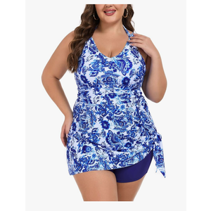 Hanna Nikole Women Plus Size Two Piece Tankini Swimdress V Neck Halter Floral Asymmetrical Hem Skirted Swimsuit with Boyshort, 24 W