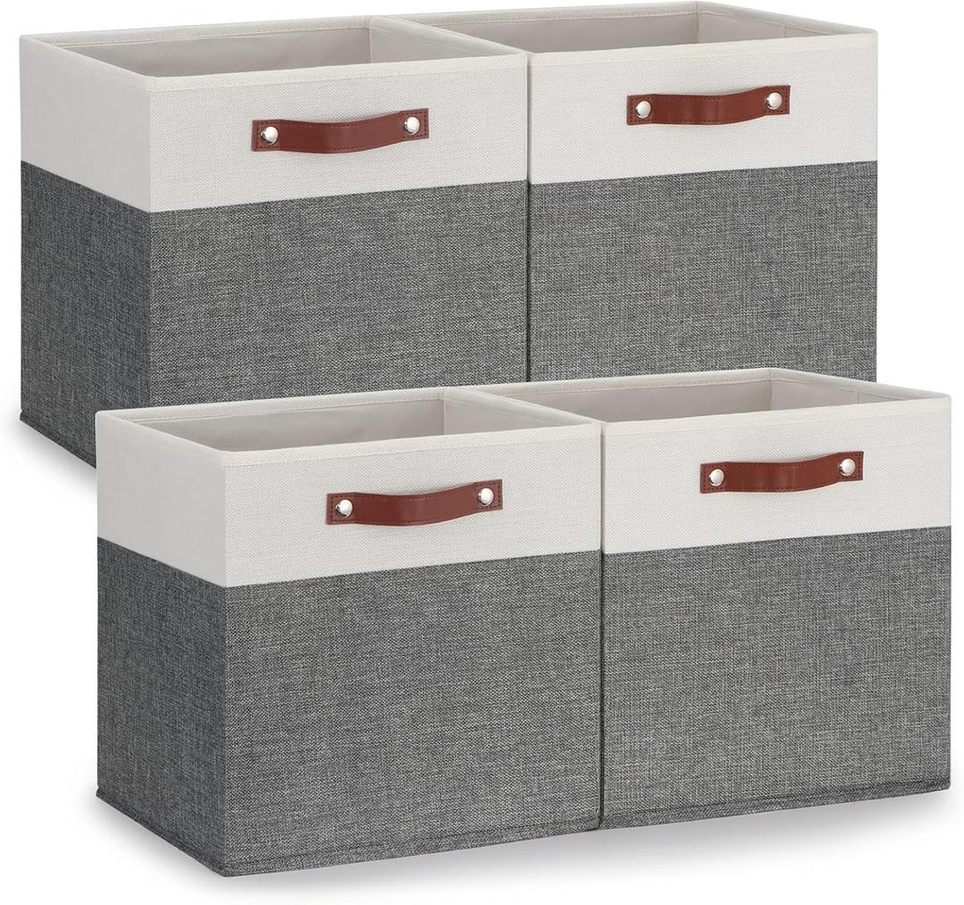 Temary 13x13 Storage Cubes 4 Pack Fabric Cube Storage Bins Large Storage Baskets with Leather Handles, Decorative Storage Boxes for Organizing Closet, Clothes, Foldable Cloth Baskets for Shelves (131313, White&Grey_PU Handles)