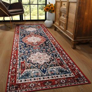 YJ.GWL Area Rug 2.6x8, Machine Washable Hallway Runner Rug, Boho Floral Vintage Distress Print Pattern Carpet, Low Pile Lightweight Thin Rugs for Entryway, Kitchen and Corridor, Red