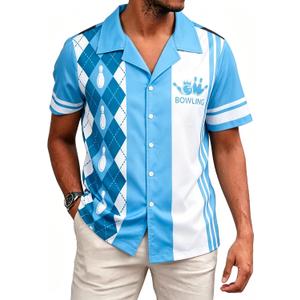 Hawaiian Bowling Shirts Men Retro Funny Sport Bowler Shirt Beach Summer Tee Tropical Vacation Button Down Short Sleeve Tops (Blue, M)