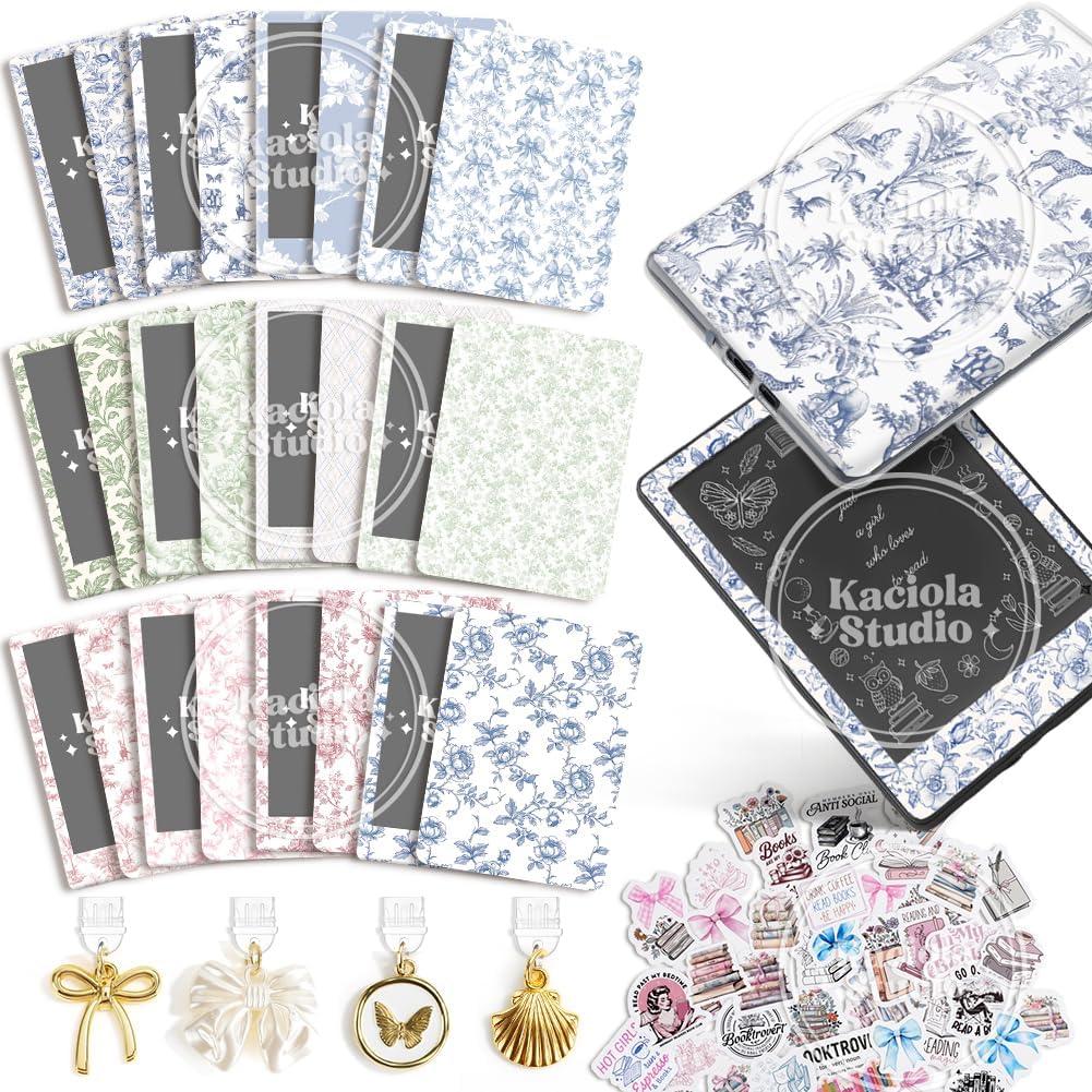 24PCS French Floral Skin for E-Reader, and 4PCS Type C Charms for E-Reader with Scrapbook Stickers, 6.9"x4.8" Skin Front and Back Decal Inserts for Paper White 11th (French Floral)