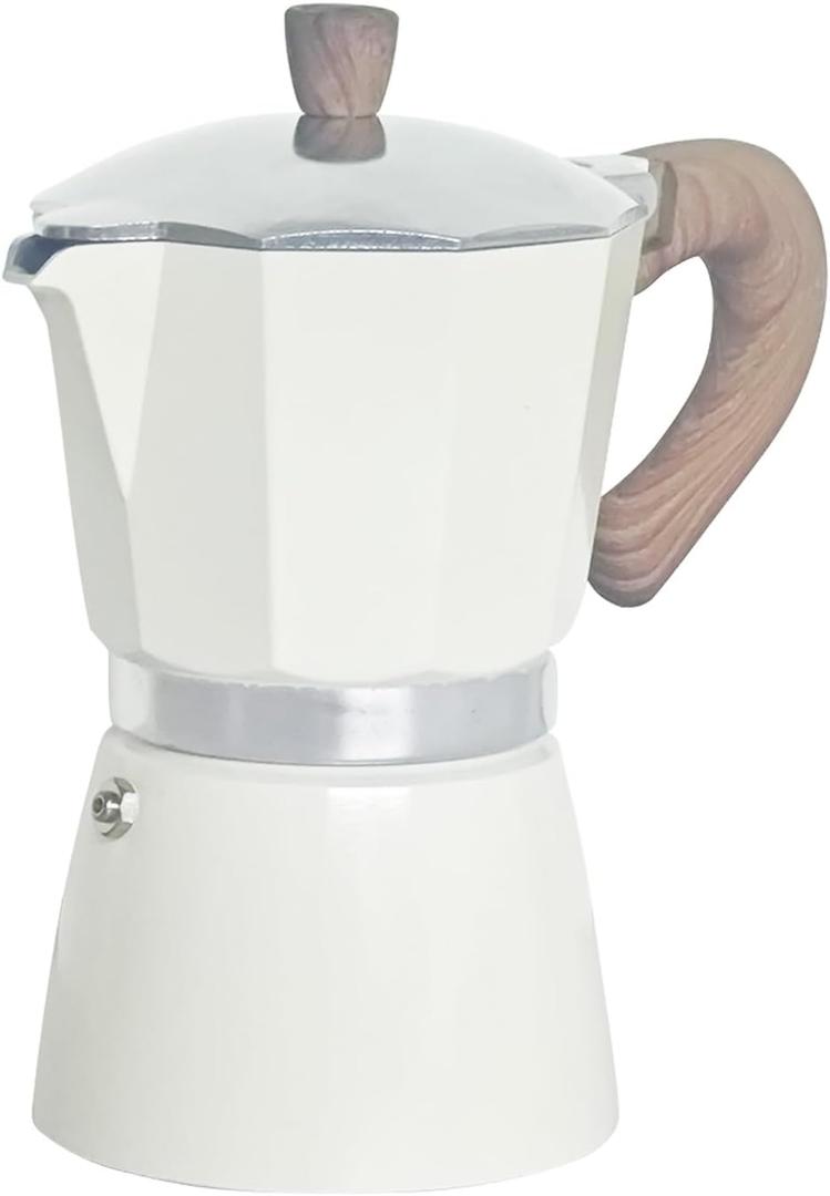 Moka Pot Stovetop Espresso Maker with Wooden Handle & Single Safety Valve  Coffee Brewer for Gas/Electric/Camp Stoves (Cream White-6 Cups)