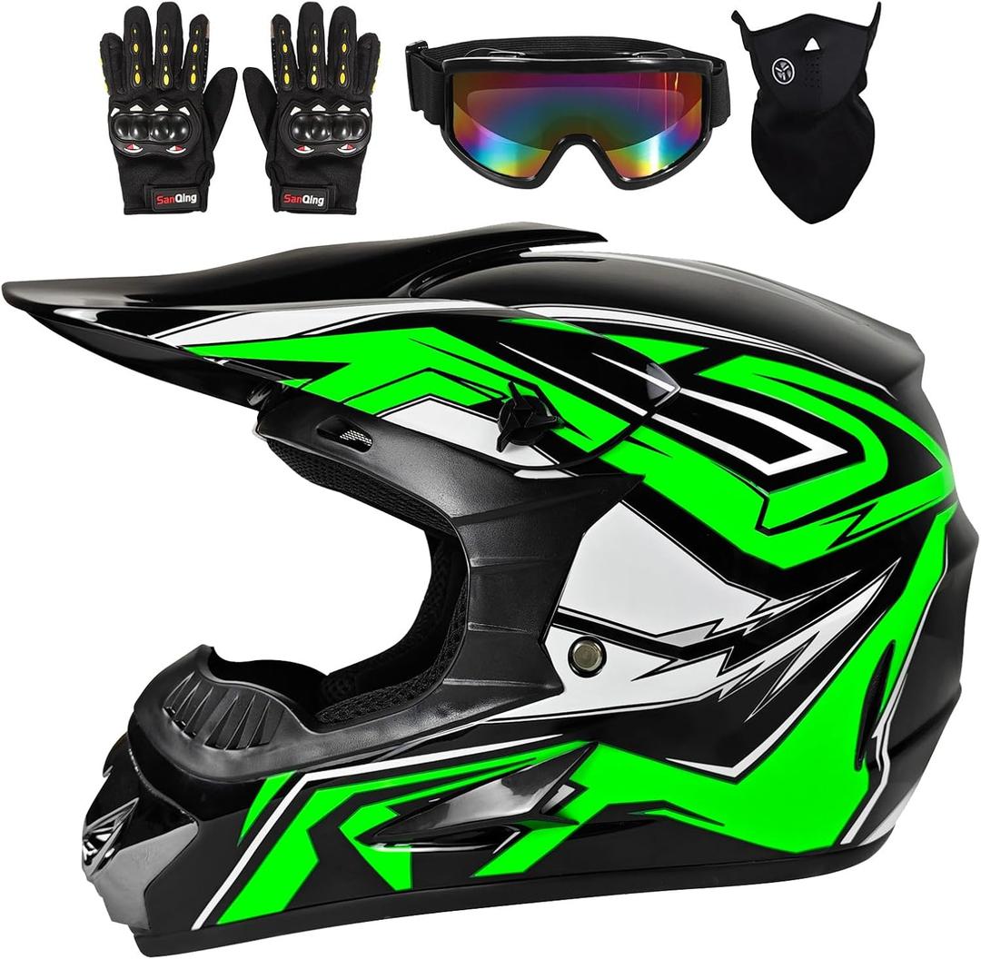 Youth & Kids Dirt Bike Motocross Helmets with Goggles Gloves Mask, DOT Approved Motorcycle ATV BMX 4-Wheeler Off-Road Streetbike Mountain Bike Helmet for Teen Boys Girls (Large)