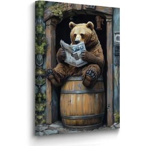 BJYCHG Bear Canvas Wall Art Rustic Bear in Outhouse Picture for Bathroom Animal on Toilet Prints Forest Wildlife Painting Farmhouse Cabin Bathroom Decor Framed (Green, 24L x 16W)