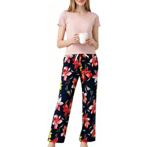 Womens Pajama Sets Short Sleeve Lounge Set Soft Floral Print Pjs Pants V Neck Loungewear Summer 2 Piece Sleepwear