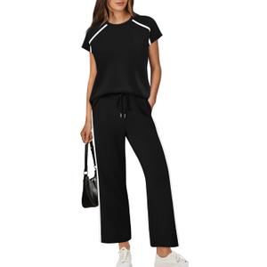 XIEERDUO 2 Piece Sets for Women Crew Neck Travel Airport Outfits Summer Fashion Clothing Cap Sleeve Tops Wide Legs Pants Set (Small, Black)