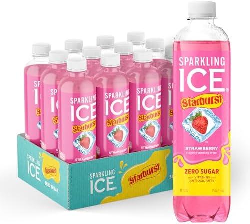 Sparkling Ice STARBURST Strawberry, Zero Sugar Flavored Sparkling Water, with Vitamins and Antioxidants, Low Calorie Beverage, 17 fl oz Bottles (Pack of 12), Best by 02/02/25