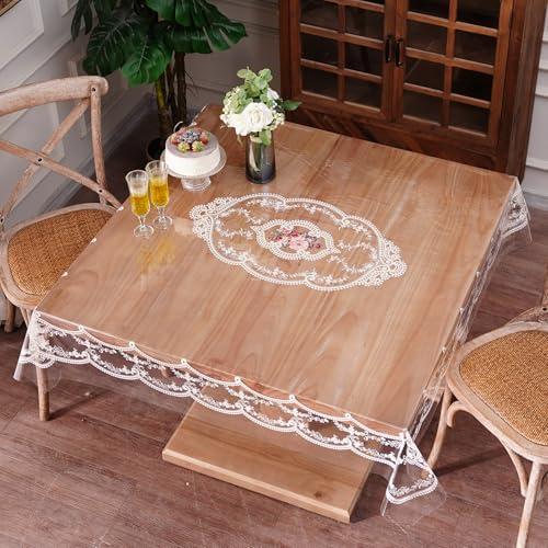 Artbloss Clear Table Cover Protector Vinyl PVC Square Table Cloth with White Lace Pattern Oil Spill Proof Plastic Tablecloths for Dining Tables Parties Holidays (French Lace, 55 x 55 Inches)