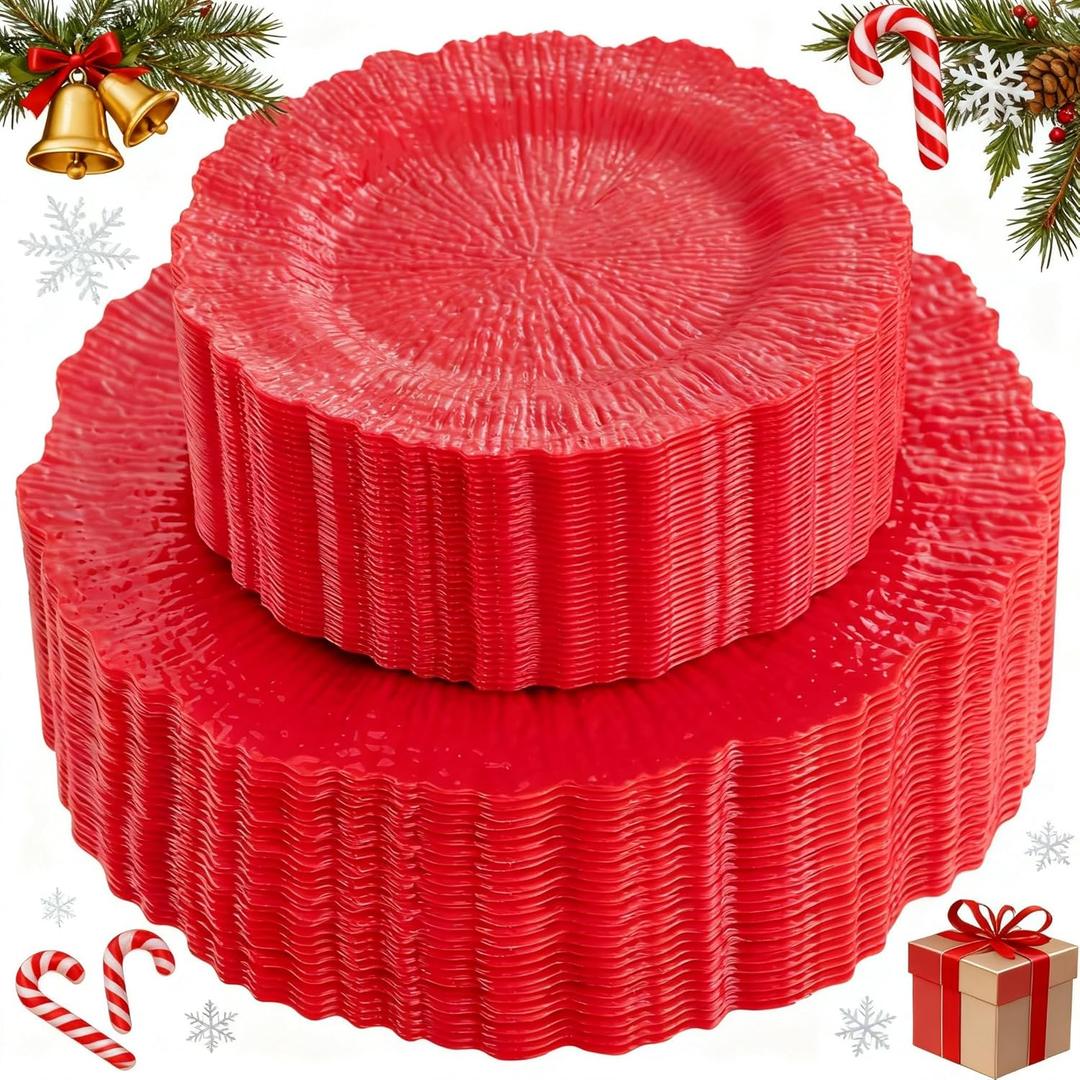 SUT 60 PCS Red Plastic Plates for Party, Fancy Disposable Plates, Include 60 10" Dinner and 60 7" Dessert Platos for Party & Wedding
