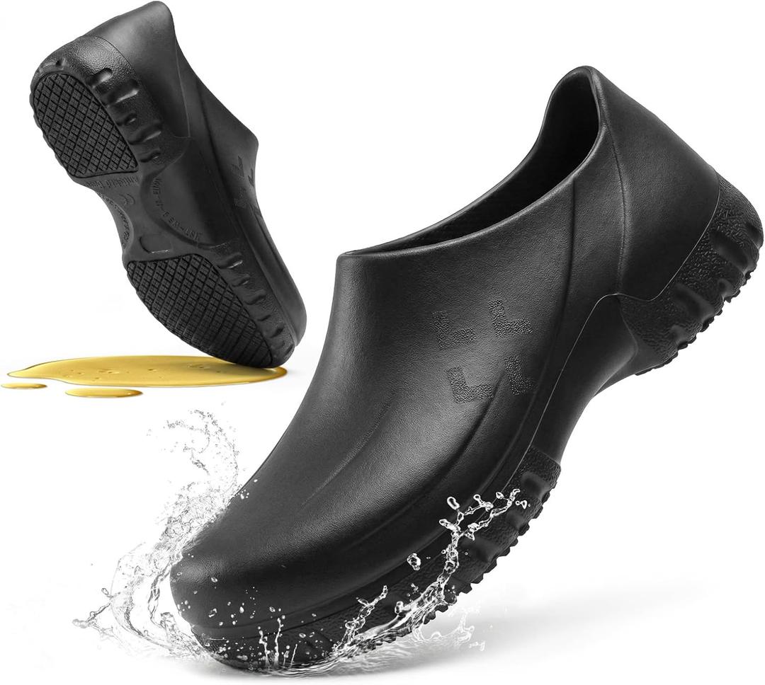 SPIEZ Non Slip Chef Clogs for Men, Slip On Oil & Slip Nursing Work Shoes, Wide Breathable Lightweight Food Service Shoes for Standing All Day Black, US 10