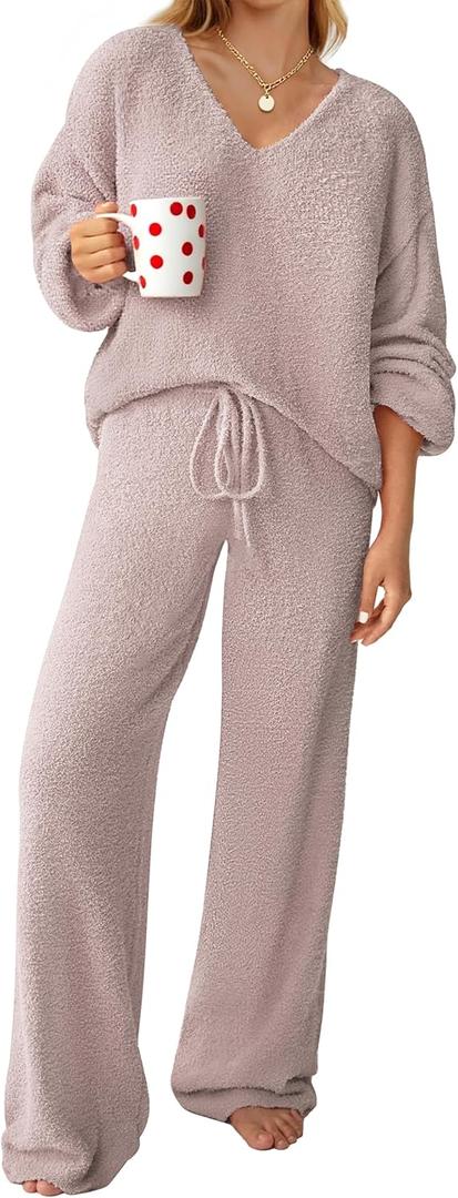 Womens Two Piece Outfits Sweater Sets Fuzzy Fleece Loungewear Matching Lounge Set Fall Winter Trendy Clothes (Large, Light Pink)
