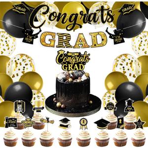 CIEHER Birthday Decorations Set - Birthday Banner, Plastic Tablecloth, Balloons, Cake Topper and Streamers (Gold Black Graduation)