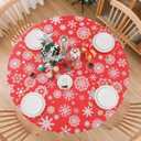 NLMUVW Round Christmas Vinyl Tablecloth with Elastic Edge, Snowflake PVC Table Cloth 100% Waterproof Red Fitted Table Cover for Holiday Patry, 40"- 44"